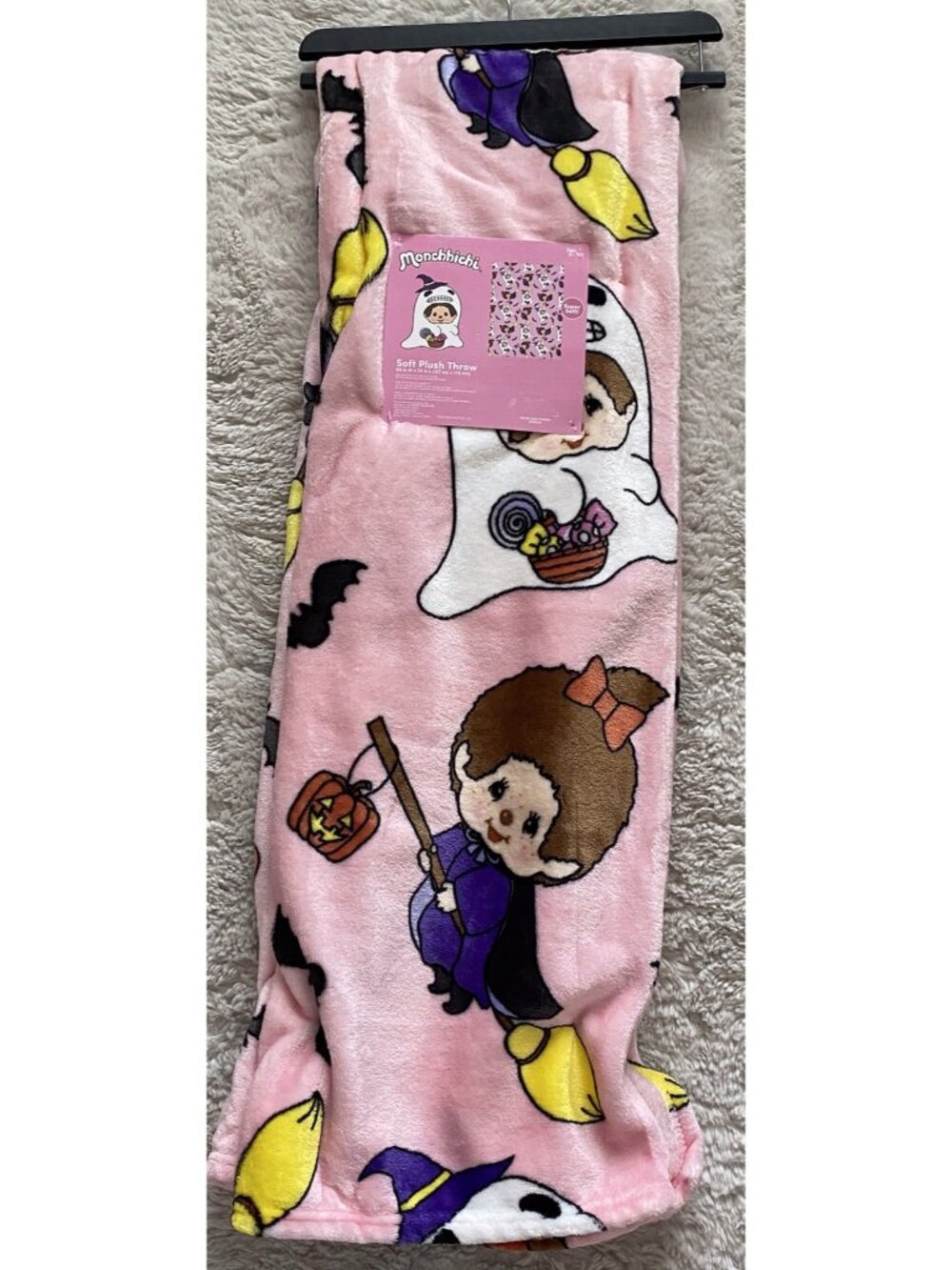 Monchhichi Halloween Ghost Witch Bats Pink Soft Plush Throw Blanket 50” X 70”